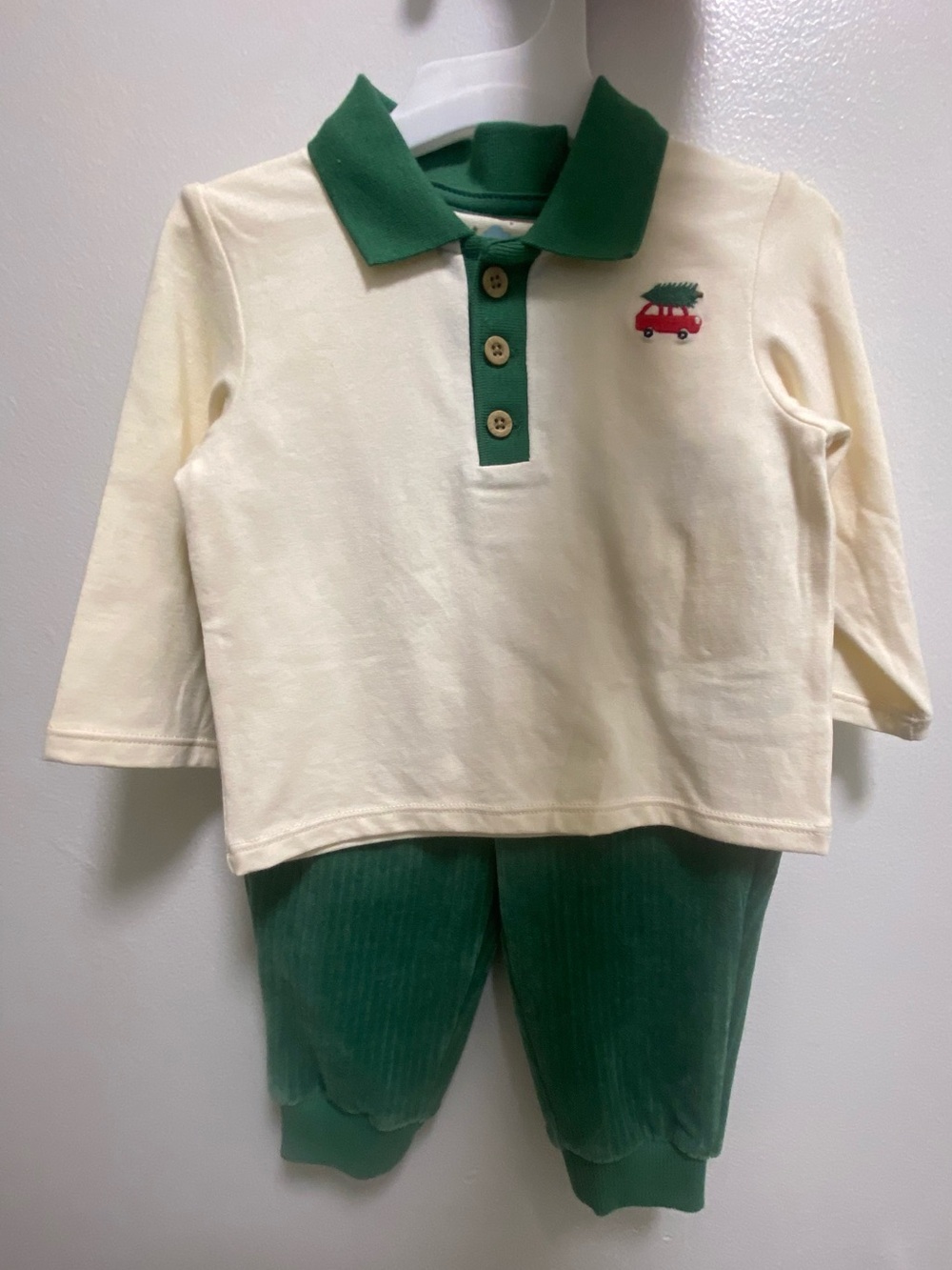 cloud island Cream Polo Top with Green Trim & Green Pants